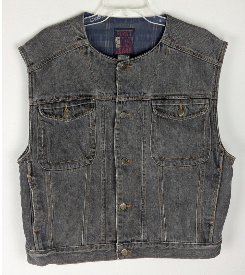 Vtg 90s Gitano First Class Denim Vest Gray Off Black Mens Unisex XL Distressed